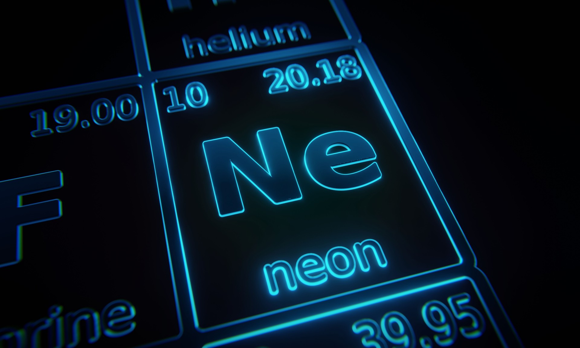 Focus on chemical element Neon illuminated in periodic table of elements. 3D rendering
